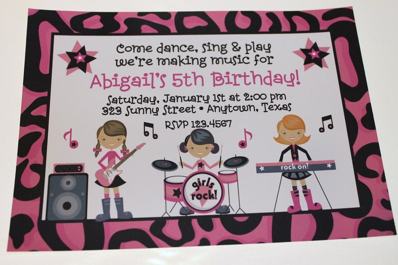 Custom Printed, Girl Band, Rock Star, Girls Rock, Girl Rock Band Birthday Invitations 1.00 each envelope included image 4