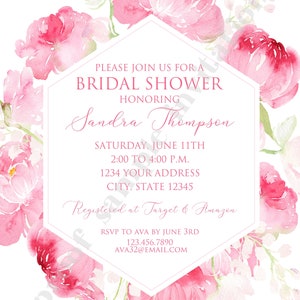 Printed 5x7 Pink Floral Bridal Shower Invitation, Bridal Shower, Printed Bridal Shower Invitation, Watercolor Pink Floral, with envelope image 5