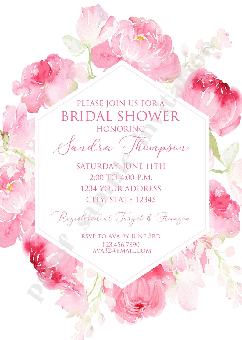 Printed 5x7 Pink Floral Bridal Shower Invitation, Bridal Shower, Printed Bridal Shower Invitation, Watercolor Pink Floral, with envelope image 5