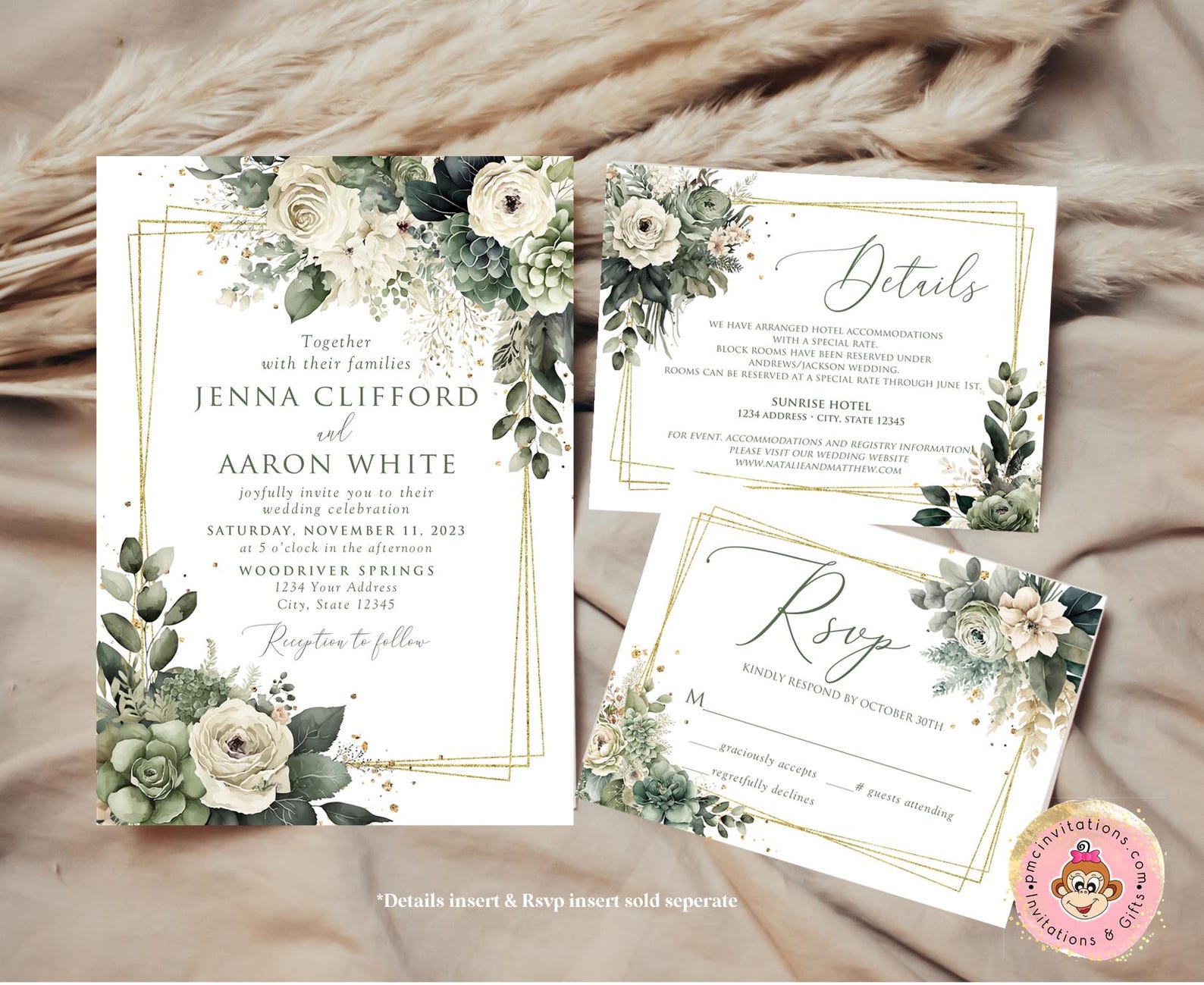 Printed/shipped 5X7 Sage Green Floral Wedding Invitation, Green Floral ...