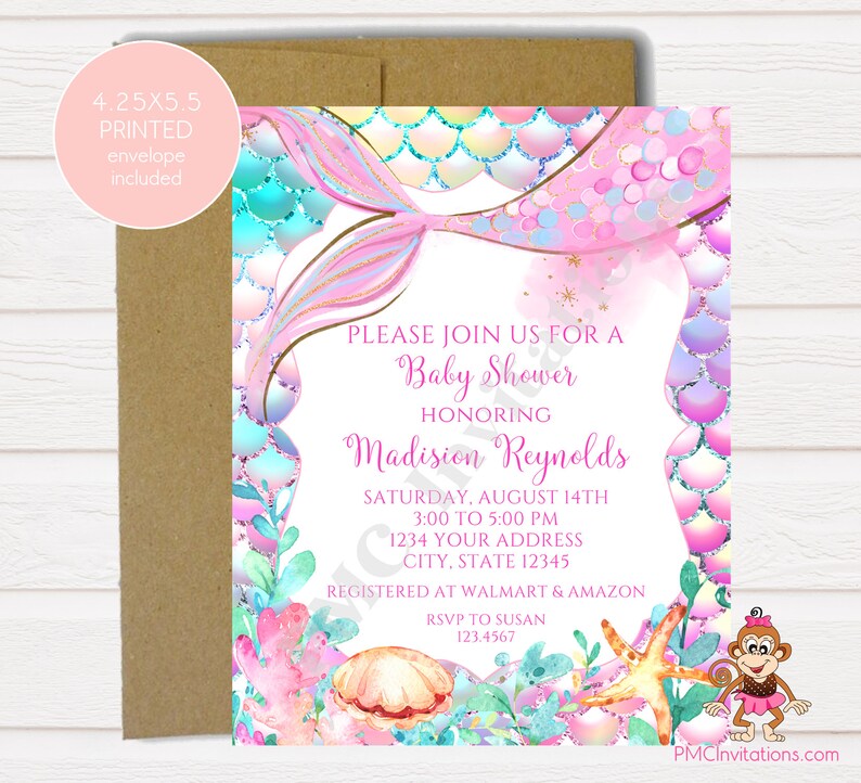 Custom PRINTED 4.25X5.5 Watercolor Mermaid, Under the Sea, Mermail Tail, Mermaid Baby Shower invitation, envelope included image 1