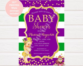 Custom Printed 5X7" Vintage Antique Mardi Gras Baby Shower Invitations - Select skin/hair color -  1.00 each with envelope