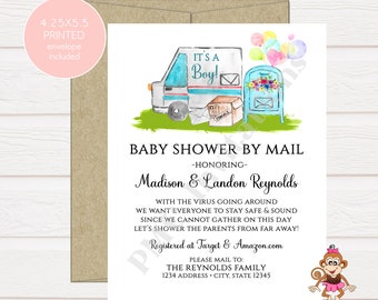 Custom Printed 4.25X5.5" Watercolor Baby Shower, Shower by Mail, Long distance baby shower, Mail Truck, Balloons, Invitation, It's a Boy