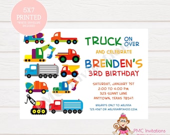 Custom Printed Construction Work Trucks, Dump Trucks, Trucks, Truck on Over Birthday Invitations - envelope included