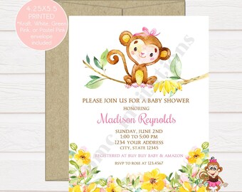 Custom PRINTED 4.25X5.5 Watercolor Monkey Baby Shower, Girl Monkey Baby Shower Invitation, envelopes included