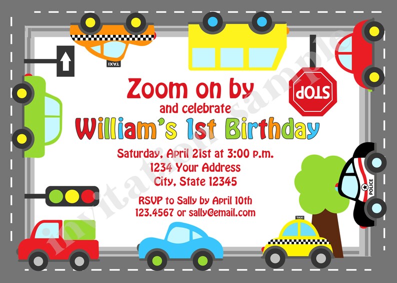 PRINTED Traffic Jam Birthday Invitations, Transportation Birthday, Invitation, Envelopes included image 2