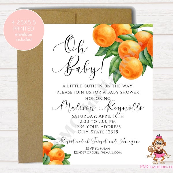 Custom Printed 4.25X5.5" Watercolor Little Cutie Baby Shower Invitation, Little Cutie on the way, Citrus, Clementine, Summer, with envelope