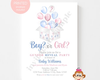 Custom Printed 5X7 Balloons in a Box Gender Reveal Invitations, Gender Reveal, Pink and Blue, envelopes included
