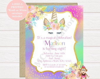 Custom PRINTED 4.25X5.5 Watercolor Pink Purple Floral, Unicorn Birthday Invitation, Unicorn Face, kraft or white envelope, FREE SHIPPING