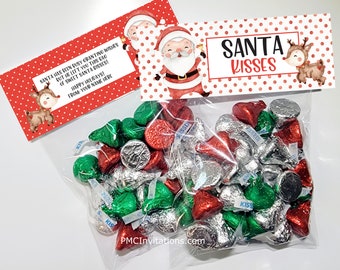 Printed and Shipped Personalized Santa Kisses Treat Bag, Christmas Candy Bag, Candy Bag, Christmas Bag Topper, Topper and Bag Included!