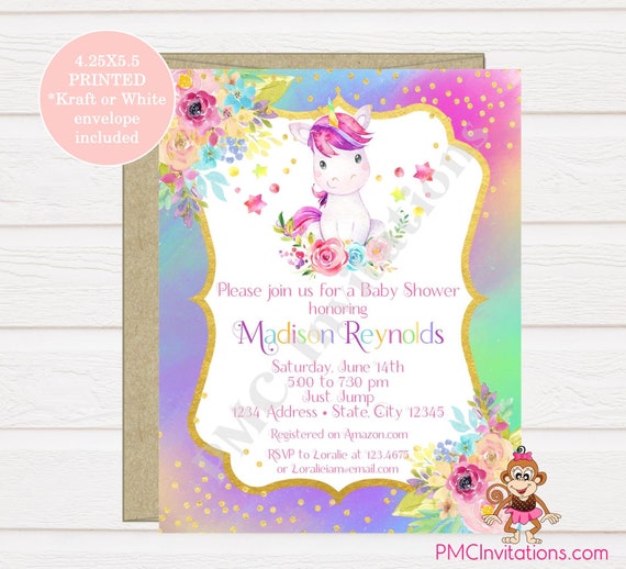 Custom PRINTED 4.25X5.5 Watercolor Pink Purple Floral, Unicorn Baby Shower Invitation, kraft or white envelope, FREE SHIPPING Il_570xn