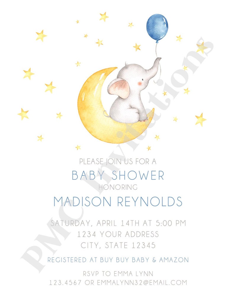 Elephant Baby Shower Invitation Moon Custom PRINTED 4.25X5.5 Watercolor Elephant Baby Shower kraft or white envelope Stars