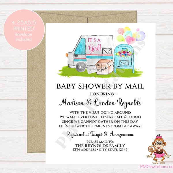 Custom Printed 4.25X5.5" Watercolor Baby Shower, Shower by Mail, Long distance baby shower, Mail Truck, Balloons, It's a girl, Invitation