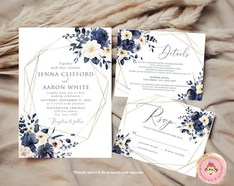 Printed 5X7 Navy Blue Floral Wedding Invitation, Blue White Floral Wedding Invitation, Wedding Invitation, Blue White Floral, with envelopes