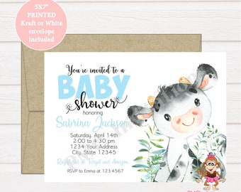 Custom PRINTED 5X7" Watercolor Cow Baby Shower Invitation, Boy Cow, Farm Animals Baby Shower Invitation - 1.00 each with envelope