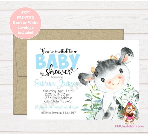 Download Custom Printed 5x7 Watercolor Cow Baby Shower Invitation Boy Cow Farm Animals Baby Shower Invitation 1 00 Each With Envelope By Paper Monkey Company Catch My Party