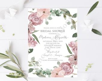 Custom Printed 5x7" Greenery Floral Bridal Shower Invitation, Blush Pink, Dusty Rose, Floral Bridal Shower Invitation, Bridal Shower