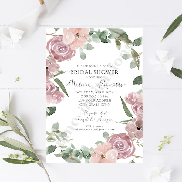 Custom Printed 5x7" Greenery Floral Bridal Shower Invitation, Blush Pink, Dusty Rose, Floral Bridal Shower Invitation, Bridal Shower