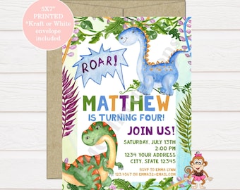 Custom PRINTED Watercolor Dinosaur Birthday Invitation - Dino Dinosaurs Birthday Invitation - Kraft or White Envelope