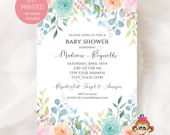 Printed 5x7" Gender Neutral Floral Baby Shower Invitation, Floral Greenery Baby Shower Invitation, Blue Pink Floral, with envelopes