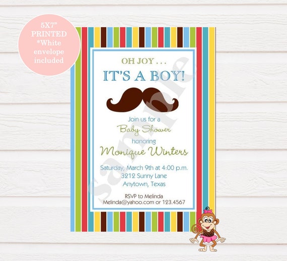 Custom Printed 5X7 Mustache Baby Shower Invitation, It's a Boy, Mustache Bash Baby Shower Invitation - Envelopes Included Il_570xn
