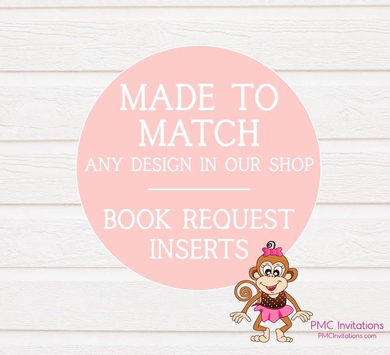 Puede incluir: C&iacute;rculo rosa con el texto "Made to Match Any Design in Our Shop" y "Book Request Inserts". Un mono de dibujos animados con un tut&uacute; rosa se encuentra en la esquina inferior derecha.