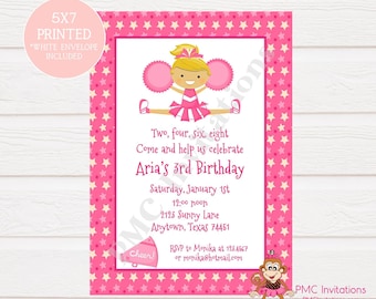 Personalizado impreso rubia animadora cumpleaños invitaciones - rosa cheerlea cumpleaños - 1.00 cada uno con sobre