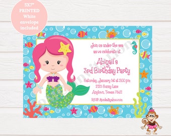 Custom Printed 5X7 Cute Mermaid Birthday Invitations - Mermaid Birthday - Mermaid Party - Under the Sea - Envelope included
