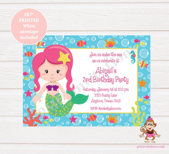Custom Printed 5X7 Cute Mermaid Birthday Invitations - Mermaid Birthday - Mermaid Party - Under the Sea - Envelope included Il_570xn
