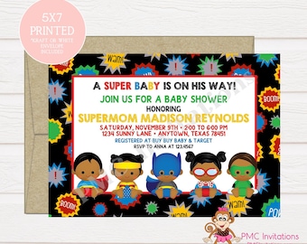 Custom Printed African American Superhero Baby Shower Invitations - Superhero Baby - 1.00 each with envelope