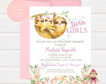 Custom PRINTED 4.25X5.5 Watercolor Twin Girl Sloth Baby Shower, Twins Girl Sloth Baby Shower Invitation, envelopes included