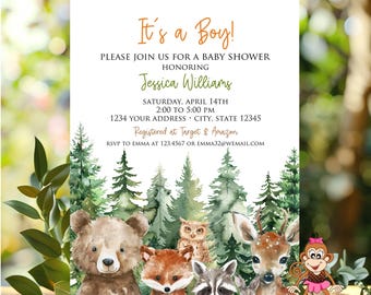 Printed 5x7", Woodland Animal Baby Shower Invitation, Woodland baby shower Invitation, Animal Baby Shower Invitation, with envelopes