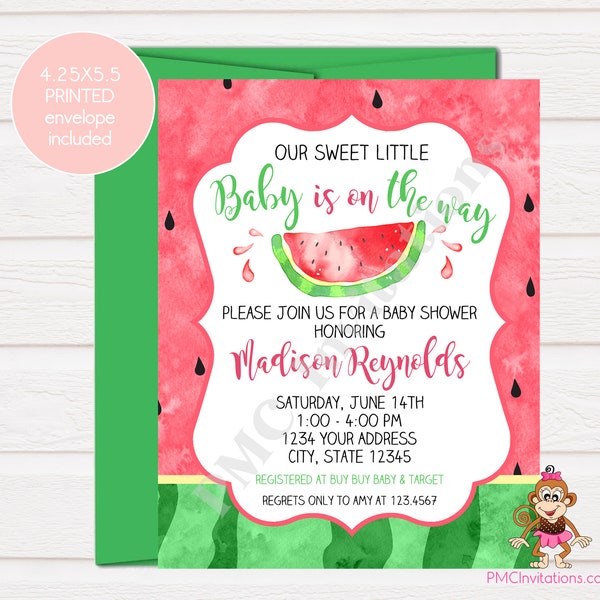 Custom Printed 4.25X5.5" Watercolor Watermelon, Watermelon Baby Shower Invitation, Summer, Watermelon Invitation, green, white, kraft env