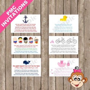 Puede incluir: Cinco tarjetas de invitaci&oacute;n para baby shower con diferentes temas. Cada tarjeta tiene una ilustraci&oacute;n linda y el texto "One small request that won't be too hard. Please bring a book instead of a card. Whether Cat in the Hat or Winnie the Pooh. You can sign the book with a note from you. Their baby will become very smart indeed and if we start early, will soon learn to read."