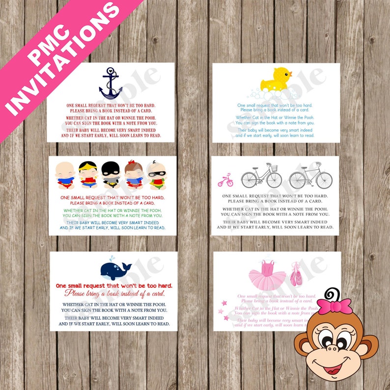 Puede incluir: Cinco tarjetas de invitaci&oacute;n para baby shower con diferentes temas. Cada tarjeta tiene una ilustraci&oacute;n linda y el texto "One small request that won't be too hard. Please bring a book instead of a card. Whether Cat in the Hat or Winnie the Pooh. You can sign the book with a note from you. Their baby will become very smart indeed and if we start early, will soon learn to read."