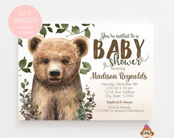 PRINTED 5X7 Brown Bear Baby Shower Invitation, Brown Bear Baby Shower, Boy Baby Shower, Gender Neutral, envelopes included