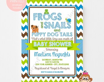 Invitaciones para baby shower con estampado personalizado de ranas, caracoles y colas de cachorros... 1.00 cada una con sobre