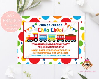 Printed Train Birthday Invitation, Choo Choo Train Birthday Invitations, Primary Colors - 1.00 each with envelopes