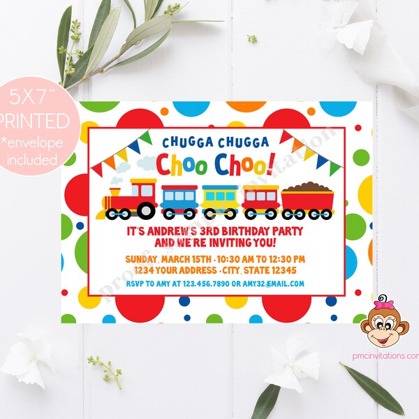 Printed Train Birthday Invitation, Choo Choo Train Birthday Invitations, Primary Colors - 1.00 each with envelopes