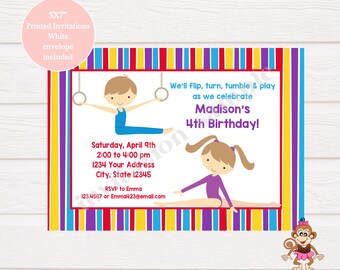 Custom Printed 5X7 Gender Neutral Gymnastics Birthday Invitations - Gym Birthday Invitations with envelopes