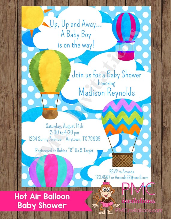 Custom Printed Hot Air Balloon Baby Shower Invitations - Boy, Girl or Gender Neutral - 1.00 each with envelope Il_570xn