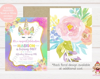 Personalizado impreso 4.25X5.5 "acuarela floral, invitaciones de cumpleaños de unicornio, cara de unicornio, fiesta de unicornio, invitación, sobres incluidos