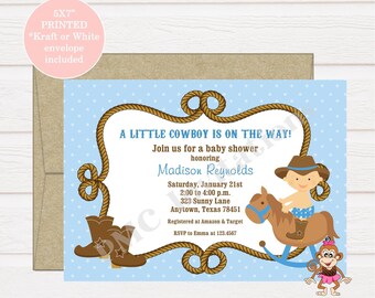 Custom PRINTED 5X7" Cowboy Baby Shower Invitation, Blue Cowboy Baby Shower Invitation - 1.00 each with envelope