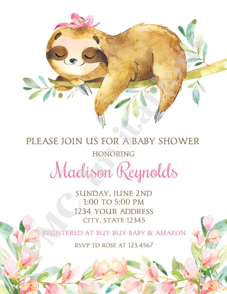 Custom PRINTED 4.25X5.5 Watercolor Sloth Baby Shower Girl Etsy