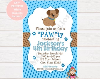 Custom printed 5X7" Boy Puppy Birthday Invitation, Custom Printed, Boy Puppy, Cute Puppy, Pawty - 1.00 each with envelope