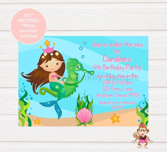 Custom Printed 5X7 Under the Sea, Brunette Mermaid Birthday Invitations - 1.00 each with envelope Il_570xn