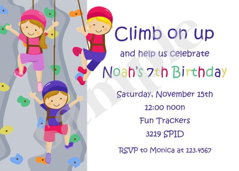 Custom Printed 5X7 Rock wall climbing birthday invitations for boy or girl white envelope included image 2