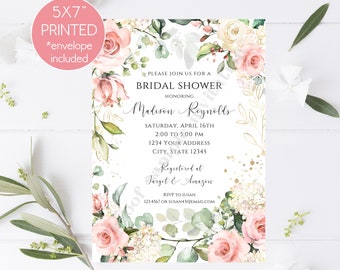 Custom Printed 5x7" Greenery Floral Bridal Shower Invitation, Blush Pink, Gold, Eucalyptus Floral Bridal Shower Invitation, Bridal Shower