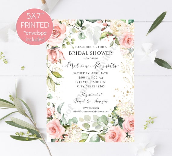 Custom Printed 5x7" Greenery Floral Bridal Shower Invitation, Blush Pink, Gold, Eucalyptus Floral Bridal Shower Invitation, Bridal Shower Il_570xn