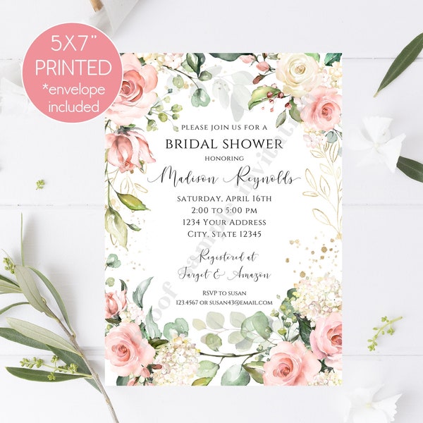 Custom Printed 5x7" Greenery Floral Bridal Shower Invitation, Blush Pink, Gold, Eucalyptus Floral Bridal Shower Invitation, Bridal Shower